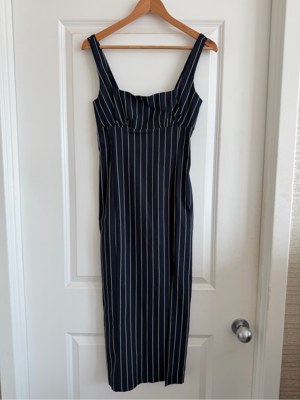 Anthropologie Navy Pinstripe Square Neckline Midi Dress with Side Slit. NWT. XS. - Picture 10 of 10